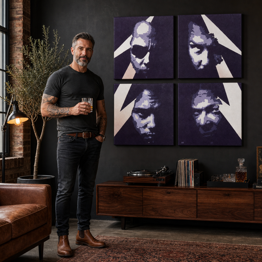 Ručno oslikana POP Art slika METALLICA, 4 dijela, metal – slika u modernom muškom enterijeru, lifestyle vizualizacija. Dominantne boje: ljubičasta, plava, crna, bež, bijela.