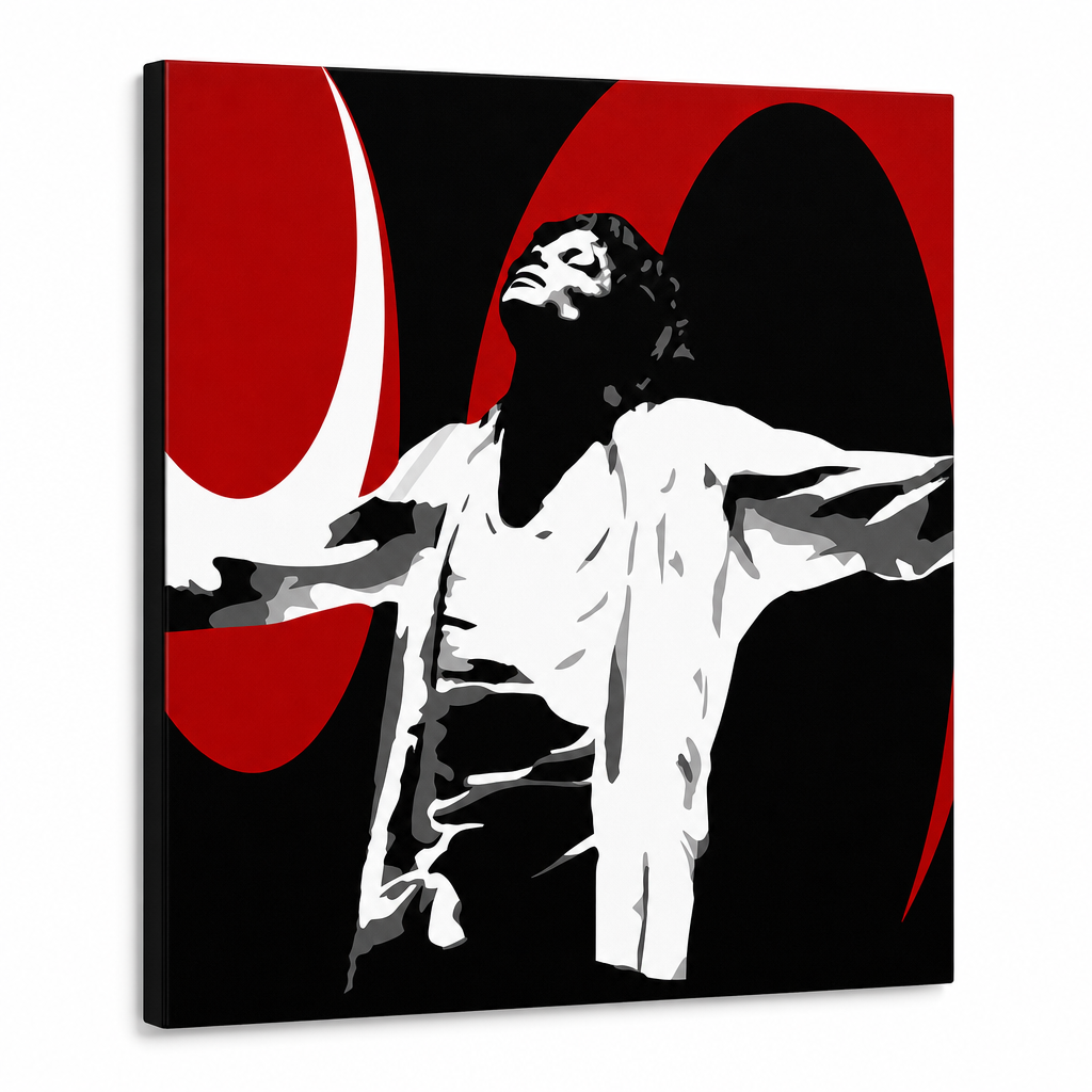 Ručno oslikana POP Art slika Michael Jackson 1 dio mj1 – 3D vizualizacija ručno oslikanog platna na bijeloj pozadini. Dominantne boje: crna, crvena, bijela.