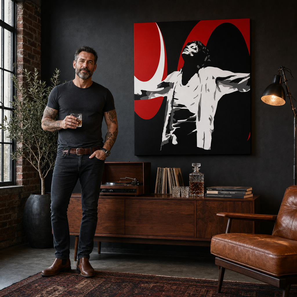 Ručno oslikana POP Art slika Michael Jackson 1 dio mj1 – slika u modernom muškom enterijeru, lifestyle vizualizacija. Dominantne boje: crna, crvena, bijela.