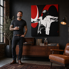 Ručno oslikana POP Art slika Michael Jackson 1 dio mj1 – slika u modernom muškom enterijeru, lifestyle vizualizacija. Dominantne boje: crna, crvena, bijela.