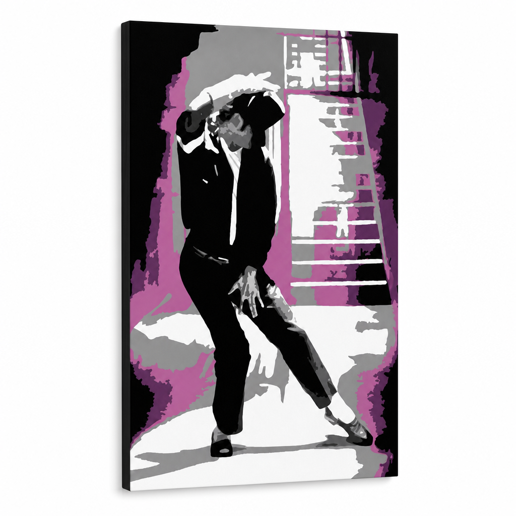Ručno oslikana POP Art slika Michael Jackson 1 komad mj3 – 3D vizualizacija ručno oslikanog platna na bijeloj pozadini. Dominantne boje: crna, roza, siva, bijela.