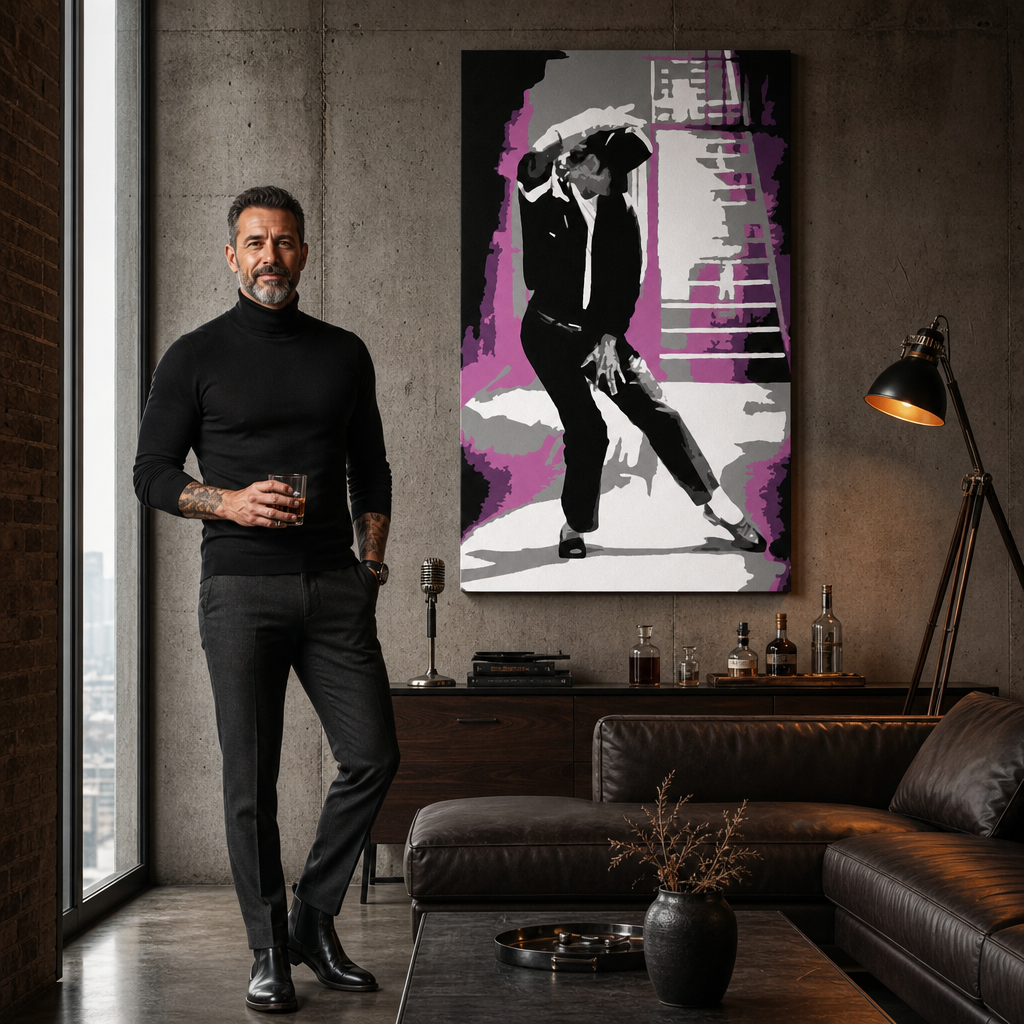 Ručno oslikana POP Art slika Michael Jackson 1 komad mj3 – slika u modernom muškom enterijeru, lifestyle vizualizacija. Dominantne boje: crna, roza, siva, bijela.