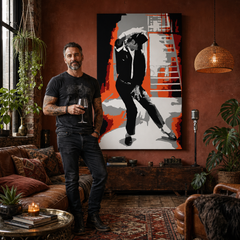 Ručno oslikana POP Art slika Michael Jackson 1 komad mj4 – slika u modernom muškom enterijeru, lifestyle vizualizacija. Dominantne boje: crna, crvena, narandžasta, bijela, siva.