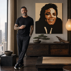 Ručno oslikana POP Art slika Michael Jackson 1 komad mj6 – slika u modernom muškom enterijeru, lifestyle vizualizacija. Dominantne boje: smeđa, narandžasta, crna, bež.