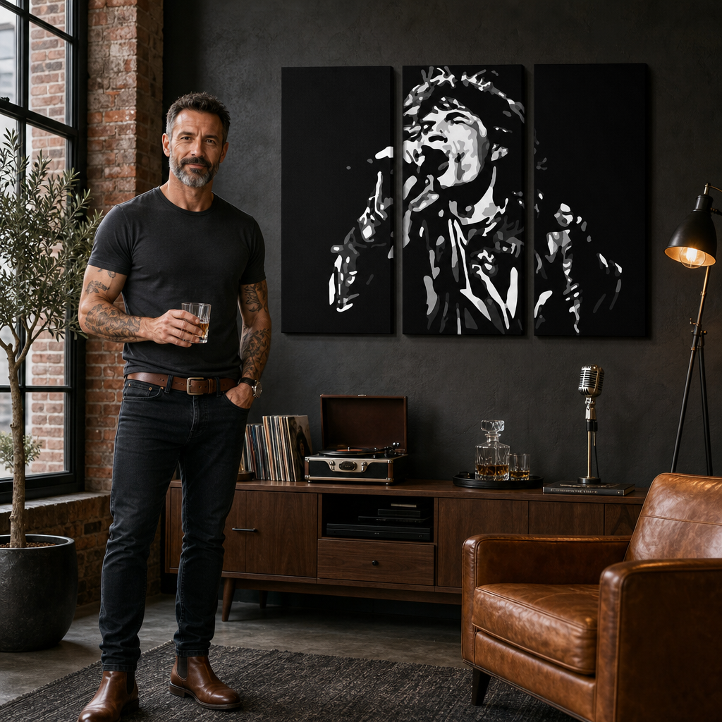 Ručno oslikana POP Art slika Mick Jagger 3 komada mick – slika u modernom muškom enterijeru, lifestyle vizualizacija. Dominantne boje: crna, bijela, siva.