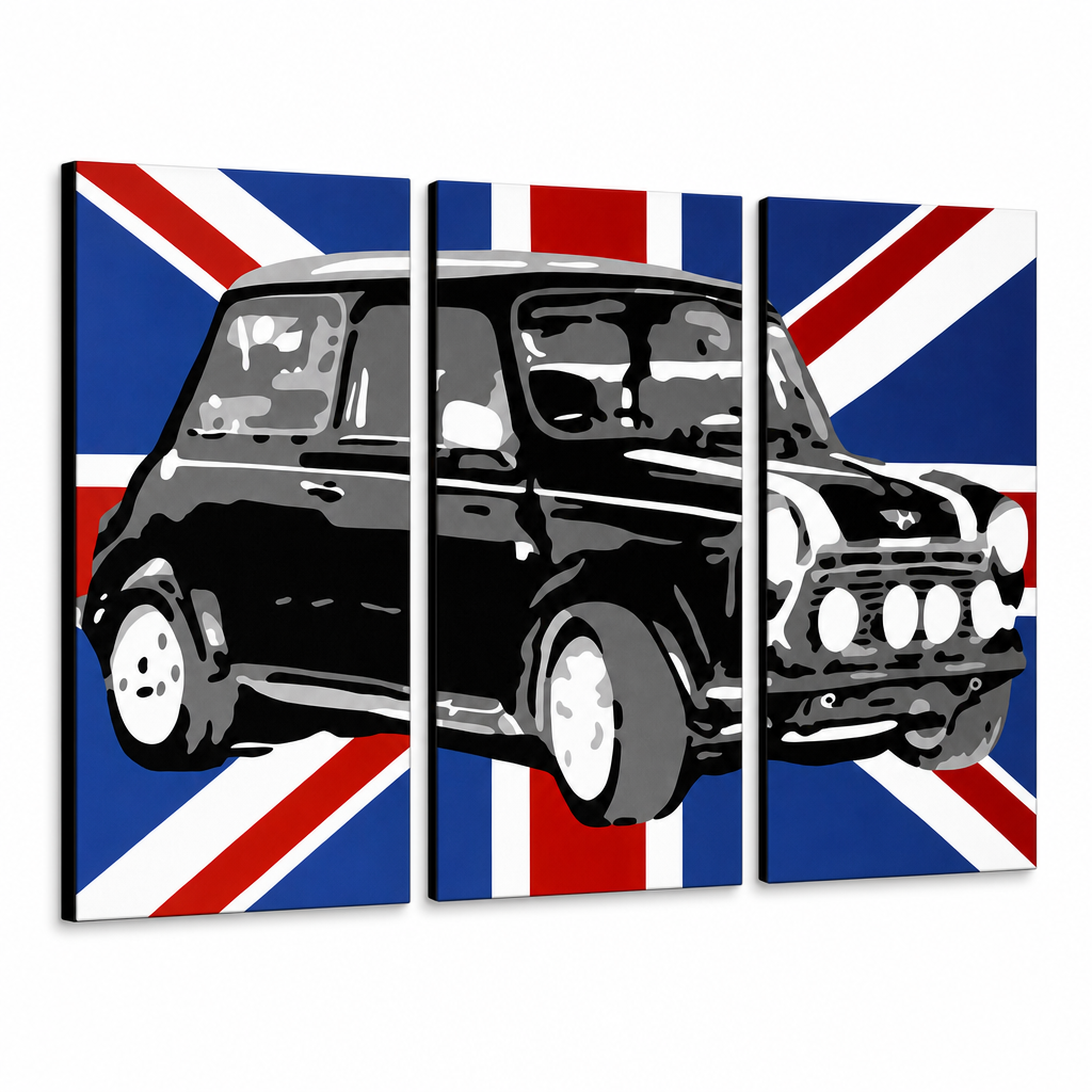 Ručno oslikana POP Art slika MINI COOPER 3 dijela mini2 – 3D vizualizacija ručno oslikanog platna na bijeloj pozadini. Dominantne boje: crna, plava, bijela.