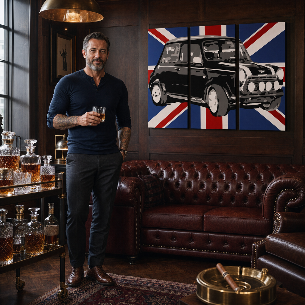 Ručno oslikana POP Art slika MINI COOPER 3 dijela mini2 – slika u modernom muškom enterijeru, lifestyle vizualizacija. Dominantne boje: crna, plava, bijela.