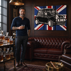 Ručno oslikana POP Art slika MINI COOPER 3 dijela mini2 – slika u modernom muškom enterijeru, lifestyle vizualizacija. Dominantne boje: crna, plava, bijela.