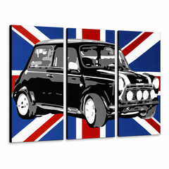 Ručno oslikana POP Art slika MINI COOPER 3 dijela mini2 – 3D vizualizacija ručno oslikanog platna na bijeloj pozadini. Dominantne boje: crna, plava, bijela.