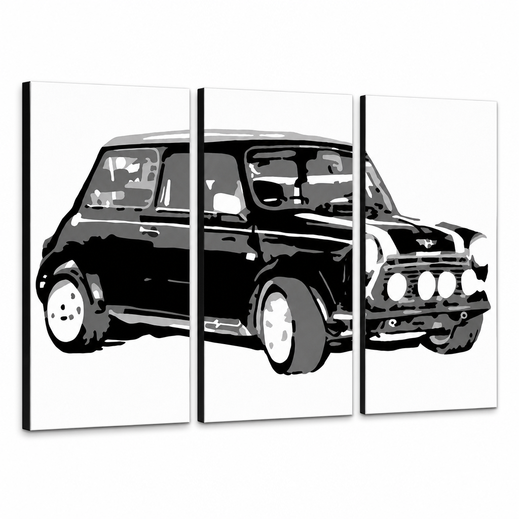 Ručno oslikana POP Art slika MINI COOPER od 3 dijela minijaturnog modela – 3D vizualizacija ručno oslikanog platna na bijeloj pozadini. Dominantne boje: crna, bijela, siva.
