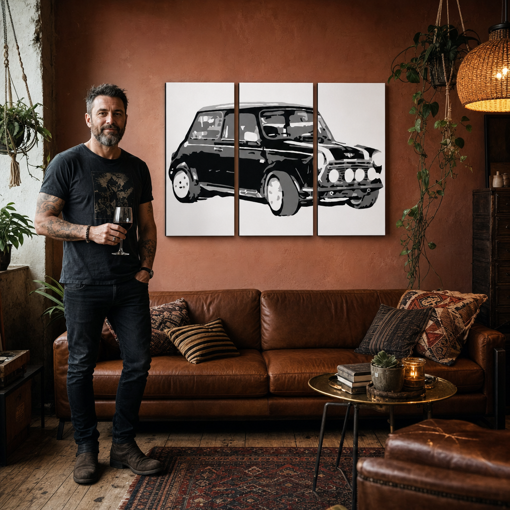 Ručno oslikana POP Art slika MINI COOPER od 3 dijela minijaturnog modela – slika u modernom muškom enterijeru, lifestyle vizualizacija. Dominantne boje: crna, bijela, siva.