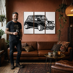 Ručno oslikana POP Art slika MINI COOPER od 3 dijela minijaturnog modela – slika u modernom muškom enterijeru, lifestyle vizualizacija. Dominantne boje: crna, bijela, siva.