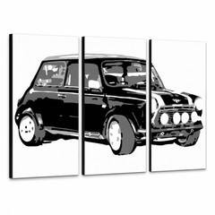 Ručno oslikana POP Art slika MINI COOPER od 3 dijela minijaturnog modela – 3D vizualizacija ručno oslikanog platna na bijeloj pozadini. Dominantne boje: crna, bijela, siva.