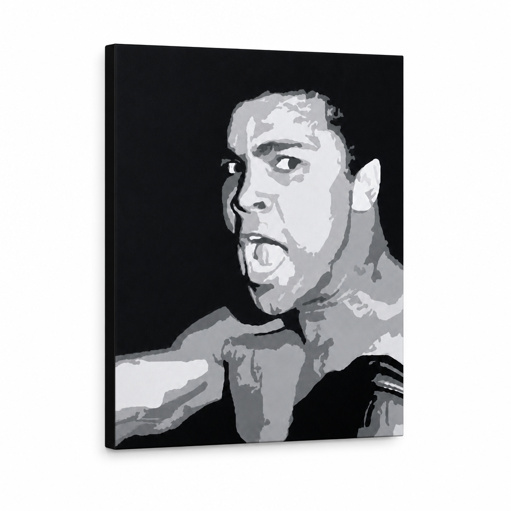 Ručno oslikana POP Art slika Muhamad Ali 1 komad ali – 3D vizualizacija ručno oslikanog platna na bijeloj pozadini. Dominantne boje: crna, siva, bijela.