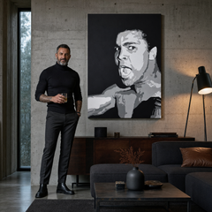 Ručno oslikana POP Art slika Muhamad Ali 1 komad ali – slika u modernom muškom enterijeru, lifestyle vizualizacija. Dominantne boje: crna, siva, bijela.