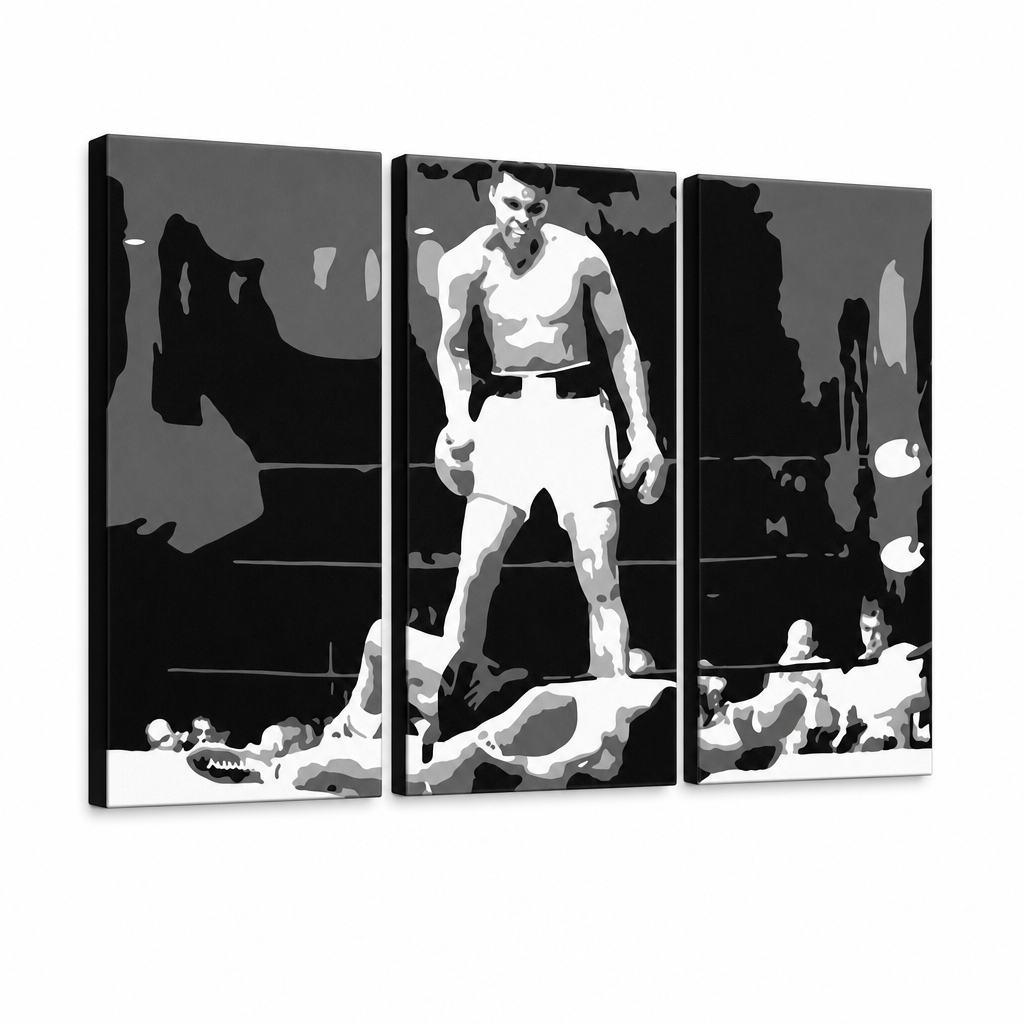 Ručno oslikana POP Art slika Muhamad Ali od 3 dijela ali2 – 3D vizualizacija ručno oslikanog platna na bijeloj pozadini. Dominantne boje: crna, bijela, siva.