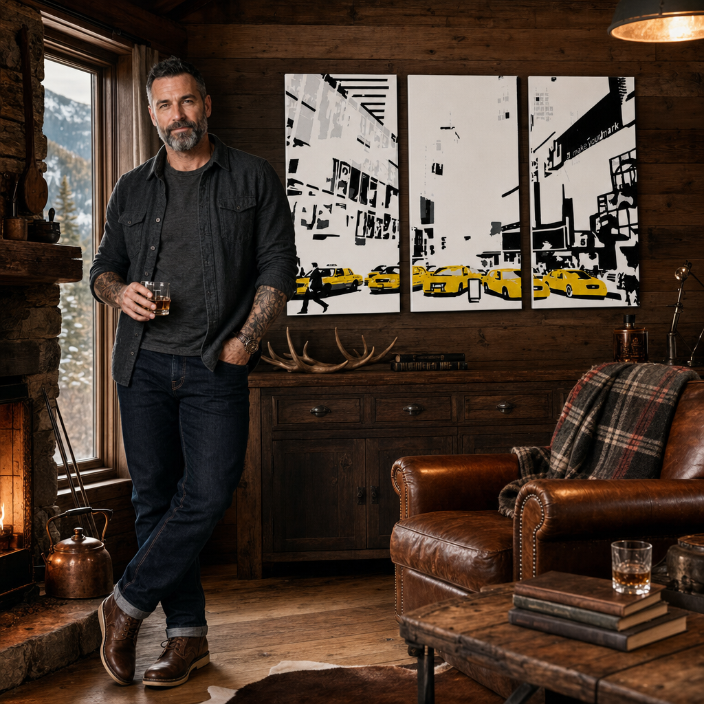 Ručno oslikana POP Art slika NEW YORK 3 dijela 0107 nyc – slika u modernom muškom enterijeru, lifestyle vizualizacija. Dominantne boje: žuta, crna, bijela.