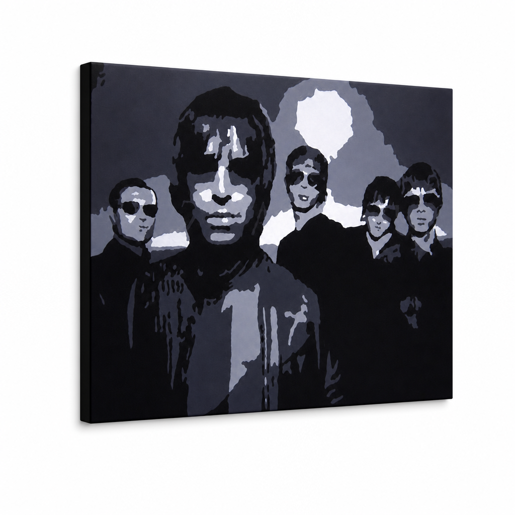 Ručno oslikana POP Art slika Oasis 1 komad oa – 3D vizualizacija ručno oslikanog platna na bijeloj pozadini. Dominantne boje: crna, siva, bijela.