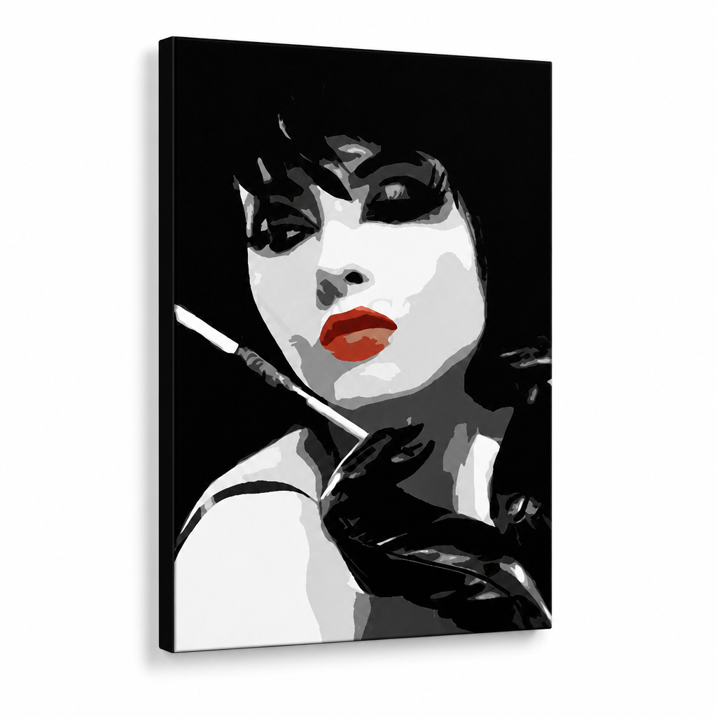 Ručno oslikana POP Art slika Pop žena 1 komad ppw – 3D vizualizacija ručno oslikanog platna na bijeloj pozadini. Dominantne boje: crna, bijela, crvena.