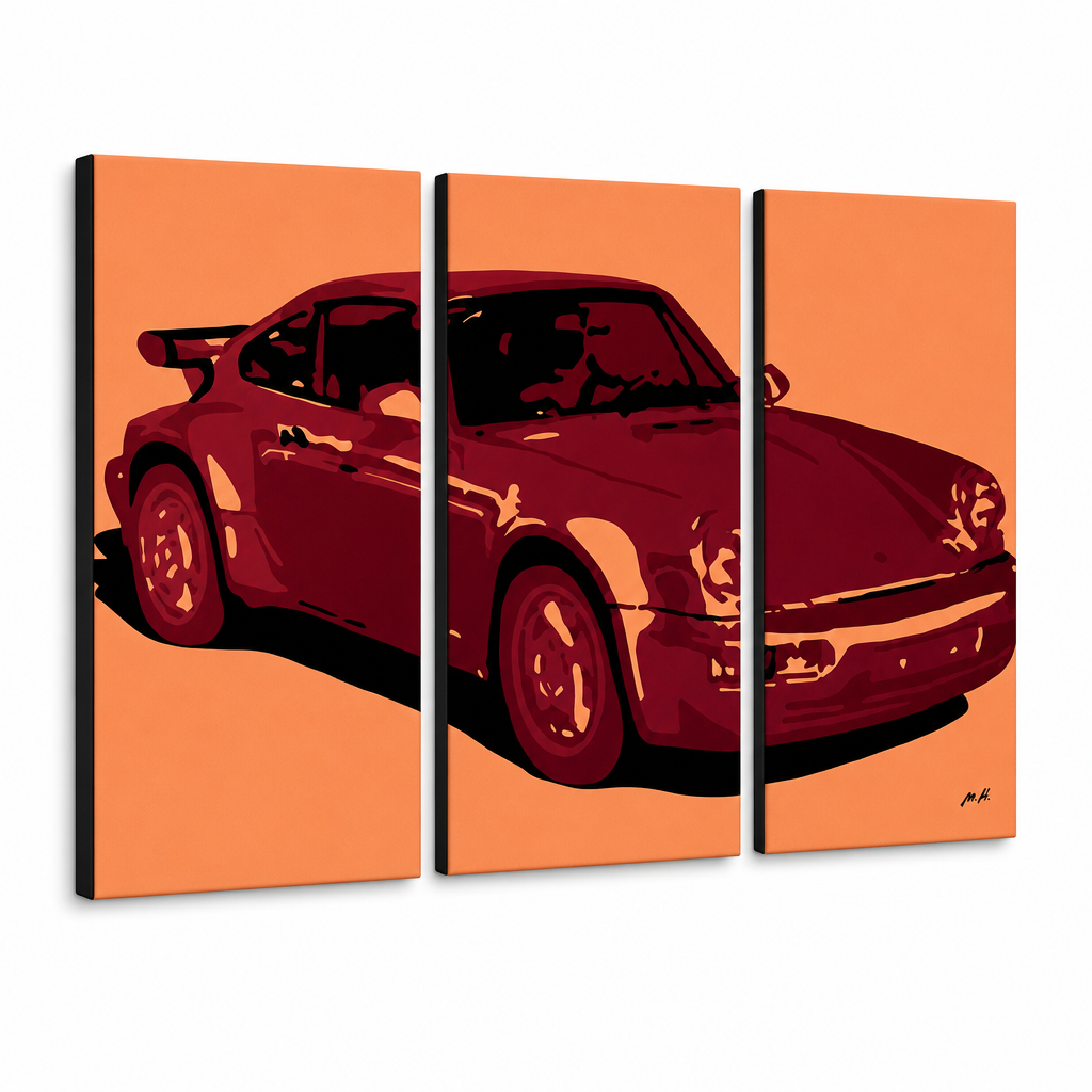 Ručno oslikana POP Art slika PORSCHE 911, 3 dijela, por – 3D vizualizacija ručno oslikanog platna na bijeloj pozadini. Dominantne boje: narandžasta, crvena, crna.