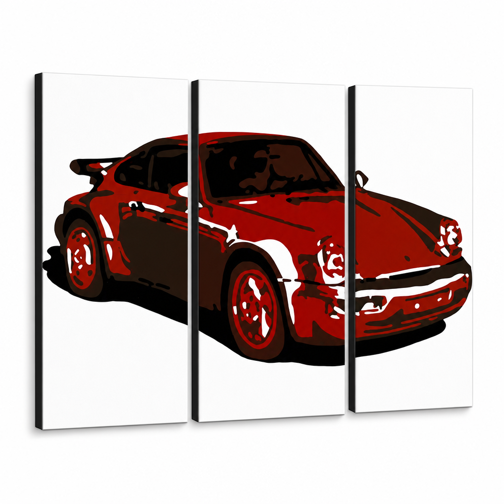 Ručno oslikana POP Art slika PORSCHE 911, 3 dijela, por2 – 3D vizualizacija ručno oslikanog platna na bijeloj pozadini. Dominantne boje: crvena, crna, bijela.