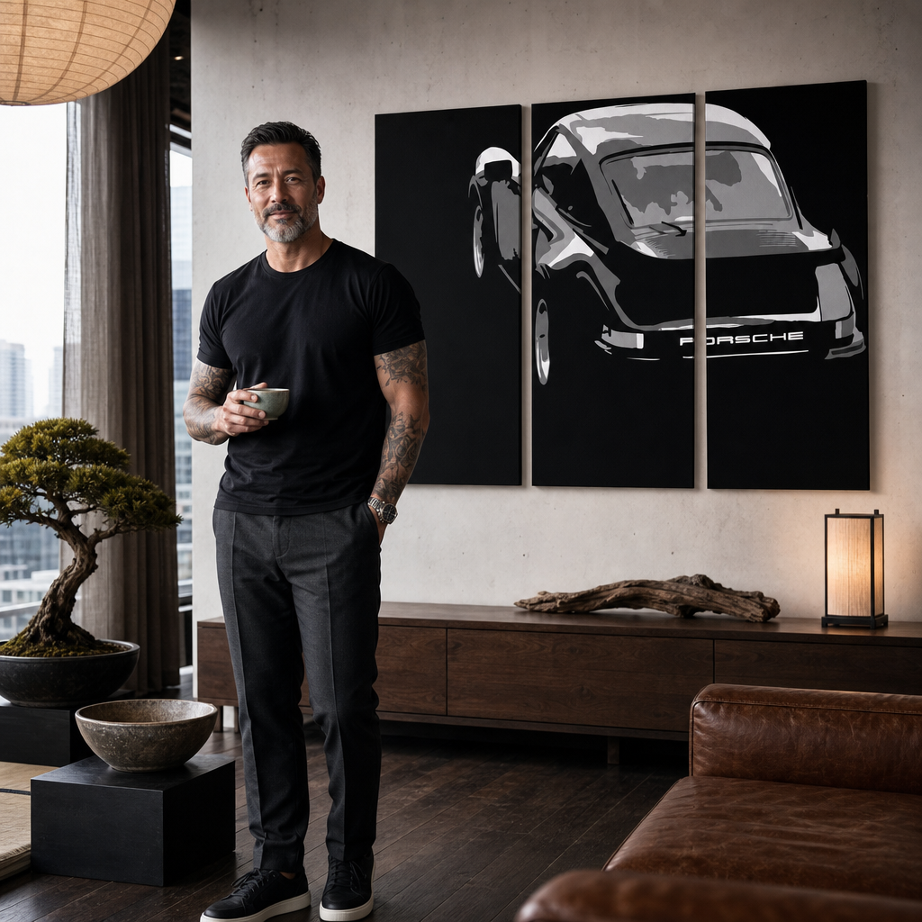 Ručno oslikana POP Art slika PORSCHE 911, 3 dijela, por4 – slika u modernom muškom enterijeru, lifestyle vizualizacija. Dominantne boje: crna, bijela, siva.