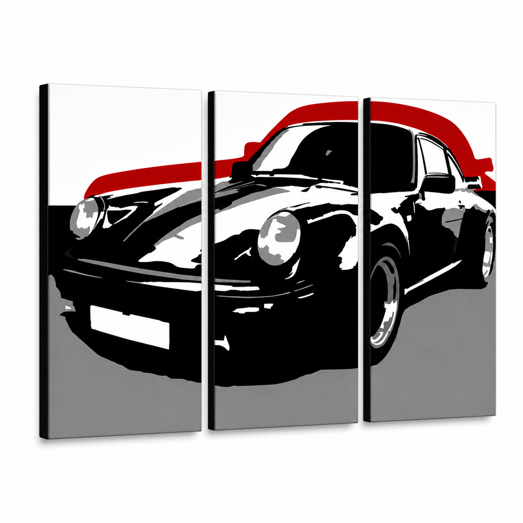 Ručno oslikana POP Art slika PORSCHE 911, 3 dijela, por5 – 3D vizualizacija ručno oslikanog platna na bijeloj pozadini. Dominantne boje: crna, crvena, siva.