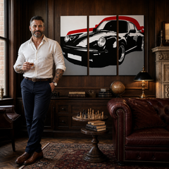 Ručno oslikana POP Art slika PORSCHE 911, 3 dijela, por5 – slika u modernom muškom enterijeru, lifestyle vizualizacija. Dominantne boje: crna, crvena, siva.