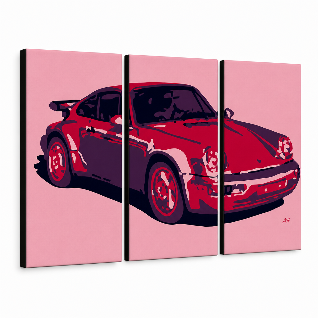 Ručno oslikana POP Art slika PORSCHE 911 od 3 dijela por3 – 3D vizualizacija ručno oslikanog platna na bijeloj pozadini. Dominantne boje: crvena, roza, crna.