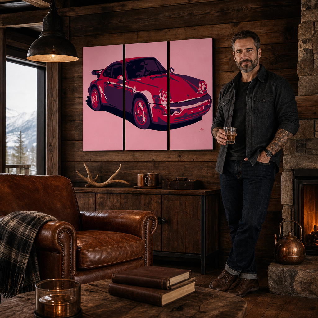 Ručno oslikana POP Art slika PORSCHE 911 od 3 dijela por3 – slika u modernom muškom enterijeru, lifestyle vizualizacija. Dominantne boje: crvena, roza, crna.
