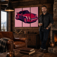Ručno oslikana POP Art slika PORSCHE 911 od 3 dijela por3 – slika u modernom muškom enterijeru, lifestyle vizualizacija. Dominantne boje: crvena, roza, crna.