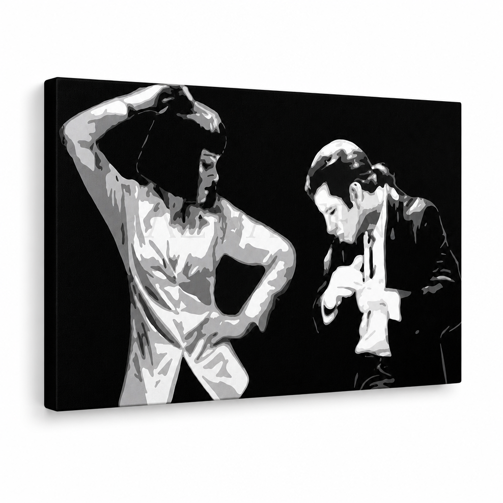 Ručno oslikana POP Art slika Pulp Fiction 1 komad pulp4 – 3D vizualizacija ručno oslikanog platna na bijeloj pozadini. Dominantne boje: crna, bijela, siva.