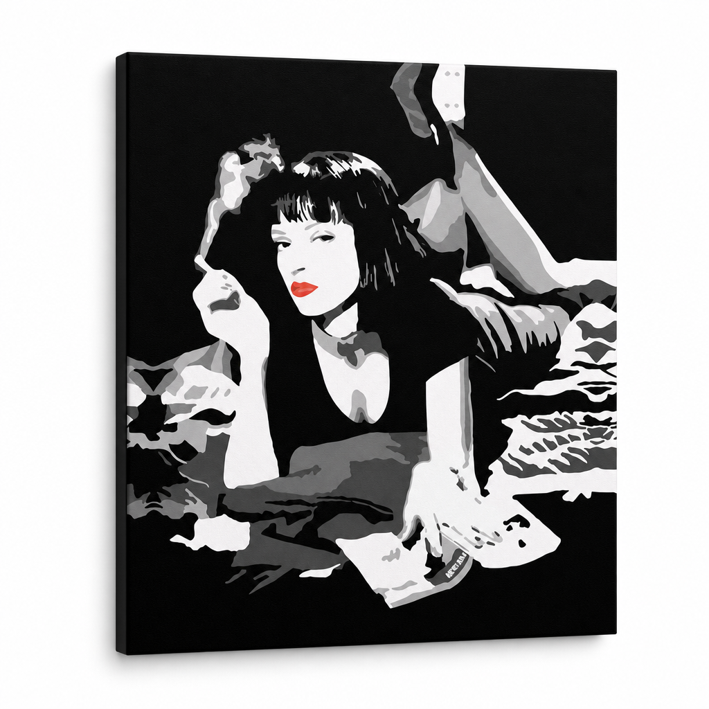 Ručno oslikana POP Art slika PULP FICTION 1 komad pulp6 – 3D vizualizacija ručno oslikanog platna na bijeloj pozadini. Dominantne boje: crna, bijela, crvena.