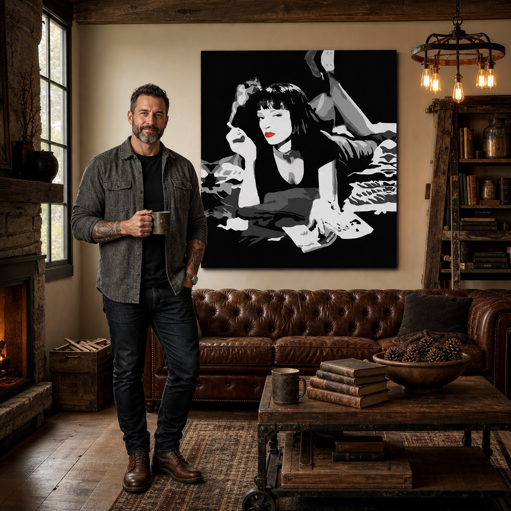 Ručno oslikana POP Art slika PULP FICTION 1 komad pulp6 – slika u modernom muškom enterijeru, lifestyle vizualizacija. Dominantne boje: crna, bijela, crvena.
