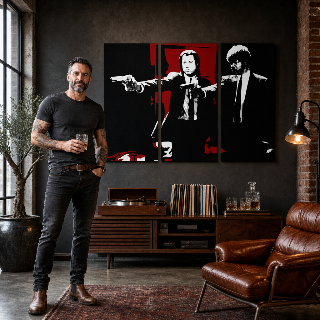 Ručno oslikana POP Art slika Pulp Fiction 3 dijela pulp5 – slika u modernom muškom enterijeru, lifestyle vizualizacija. Dominantne boje: crna, crvena, bijela.