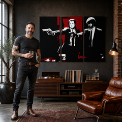 Ručno oslikana POP Art slika Pulp Fiction 3 dijela pulp5 – slika u modernom muškom enterijeru, lifestyle vizualizacija. Dominantne boje: crna, crvena, bijela.