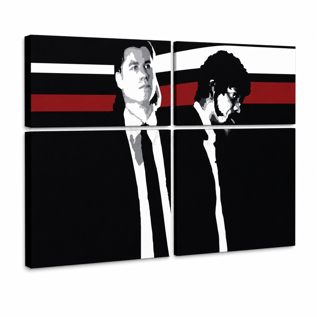 Ručno oslikana POP Art slika Pulp Fiction 4 komada pulpe – 3D vizualizacija ručno oslikanog platna na bijeloj pozadini. Dominantne boje: crna, crvena, bijela, siva, smeđa.