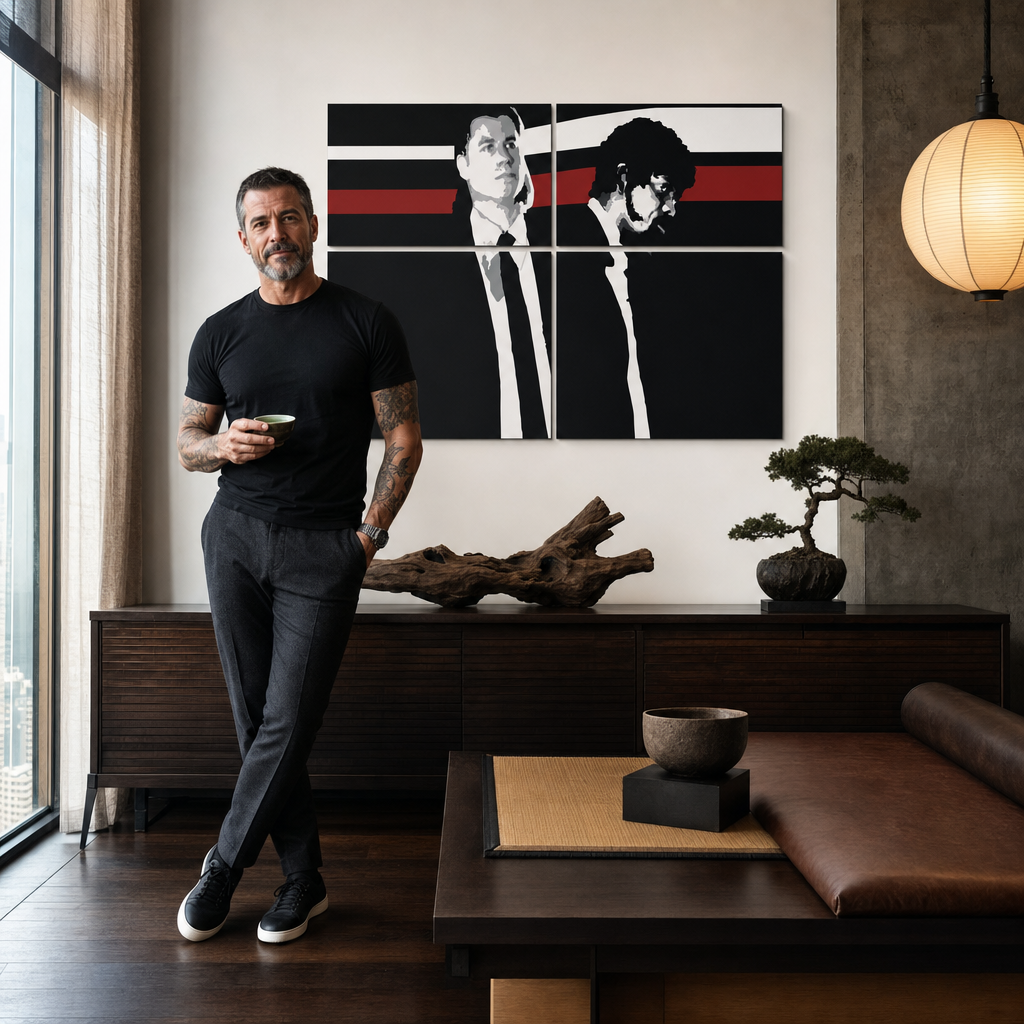 Ručno oslikana POP Art slika Pulp Fiction 4 komada pulpe – slika u modernom muškom enterijeru, lifestyle vizualizacija. Dominantne boje: crna, crvena, bijela, siva, smeđa.