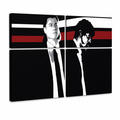 Ručno oslikana POP Art slika Pulp Fiction 4 komada pulpe – 3D vizualizacija ručno oslikanog platna na bijeloj pozadini. Dominantne boje: crna, crvena, bijela, siva, smeđa.