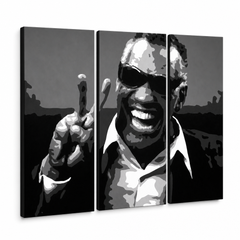 Ručno oslikana POP Art slika Ray Charles 3 dijela rc – 3D vizualizacija ručno oslikanog platna na bijeloj pozadini. Dominantne boje: crna, bijela, siva.