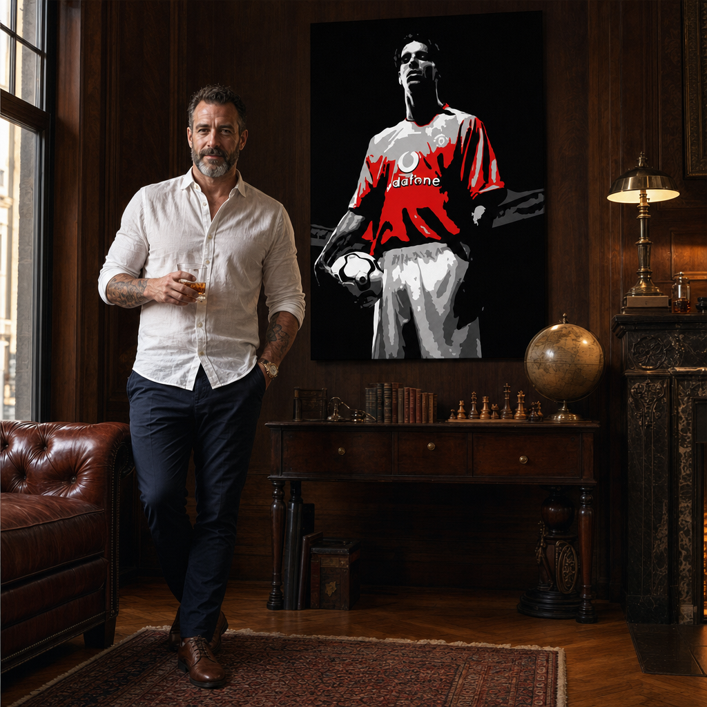 Ručno oslikana POP Art slika Ruud van Nistelrooy 1 komad rvn – slika u modernom muškom enterijeru, lifestyle vizualizacija. Dominantne boje: crna, crvena, bijela, siva.