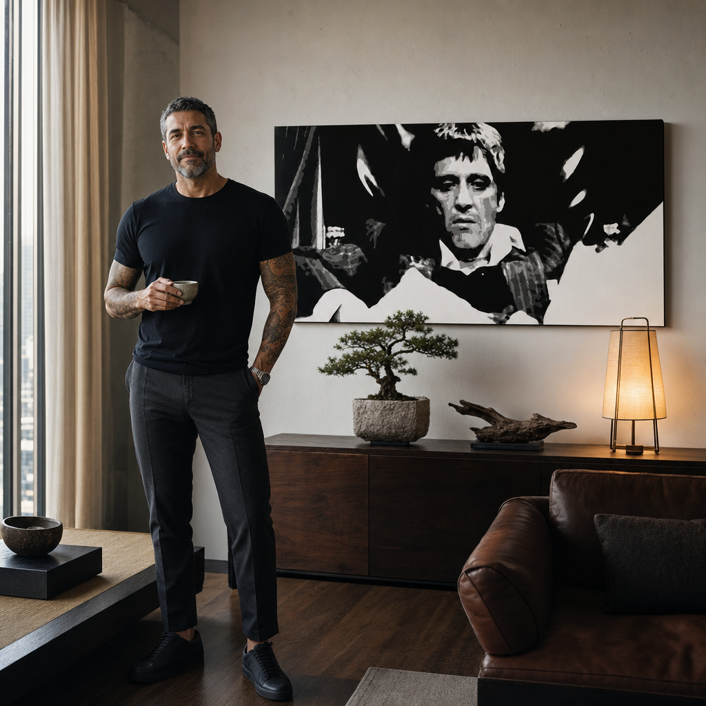 Ručno oslikana POP Art slika Scarface 1 dio smk – slika u modernom muškom enterijeru, lifestyle vizualizacija. Dominantne boje: crna, bijela, siva.