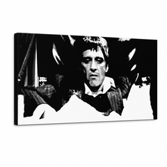 Ručno oslikana POP Art slika Scarface 1 dio smk – 3D vizualizacija ručno oslikanog platna na bijeloj pozadini. Dominantne boje: crna, bijela, siva.
