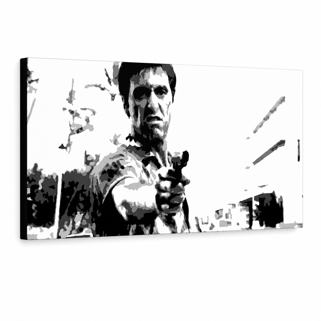 Ručno oslikana POP Art slika Scarface 1 dio smp – 3D vizualizacija ručno oslikanog platna na bijeloj pozadini. Dominantne boje: crna, bijela, siva.