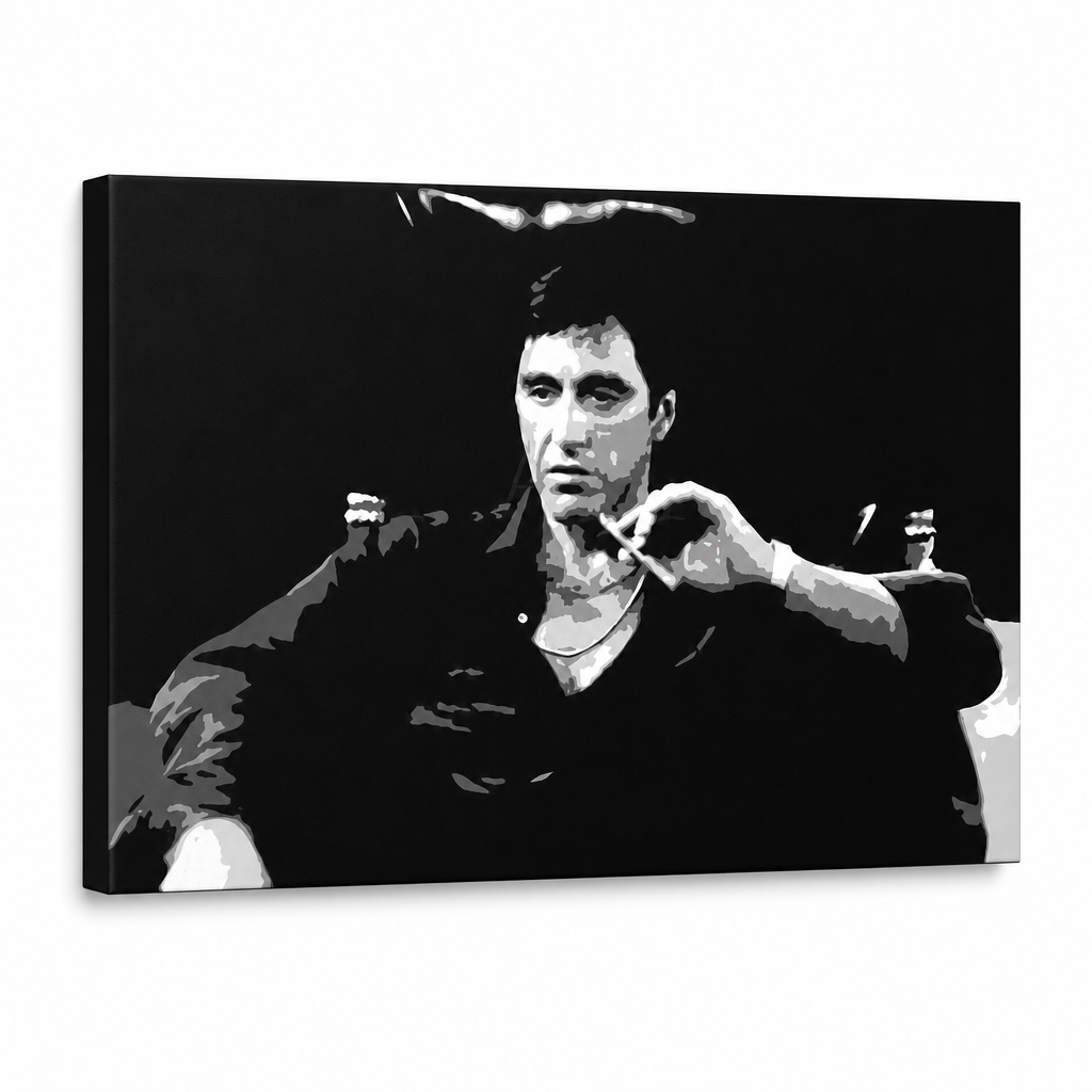 Ručno oslikana POP Art slika Scarface 1 komad smz – 3D vizualizacija ručno oslikanog platna na bijeloj pozadini. Dominantne boje: crna, bijela, siva.