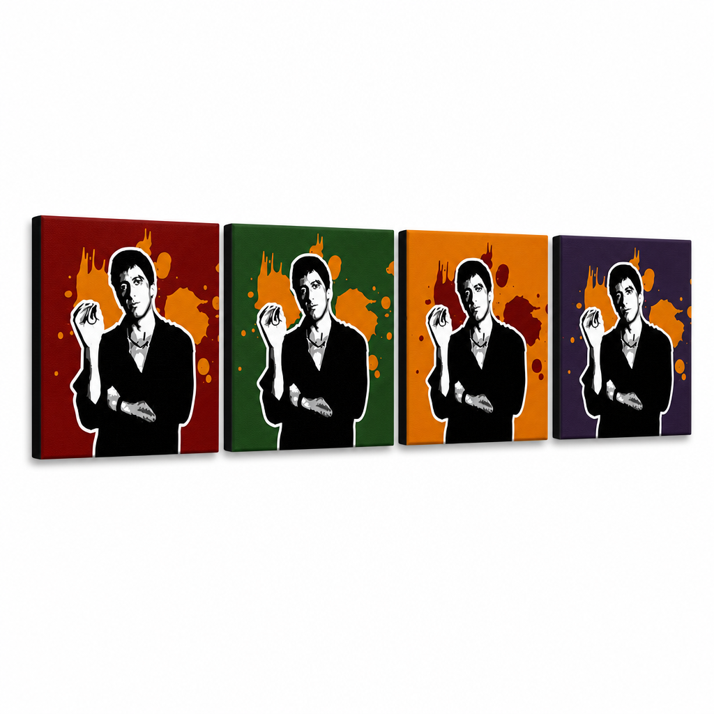 Ručno oslikana POP Art slika Scarface - AL PACINO 4 dijela 200x50cm al37 – 3D vizualizacija ručno oslikanog platna na bijeloj pozadini. Dominantne boje: crna, narandžasta, crvena, zelena, ljubičasta.