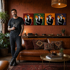 Ručno oslikana POP Art slika Scarface - AL PACINO 4 dijela 200x50cm al37 – slika u modernom muškom enterijeru, lifestyle vizualizacija. Dominantne boje: crna, narandžasta, crvena, zelena, ljubičasta.