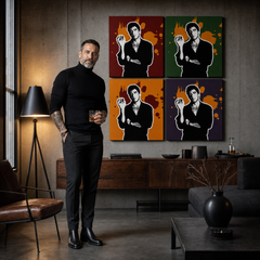 Ručno oslikana POP Art slika Scarface - AL PACINO 4 dijela al36 – slika u modernom muškom enterijeru, lifestyle vizualizacija. Dominantne boje: crna, narandžasta, crvena, zelena, ljubičasta.