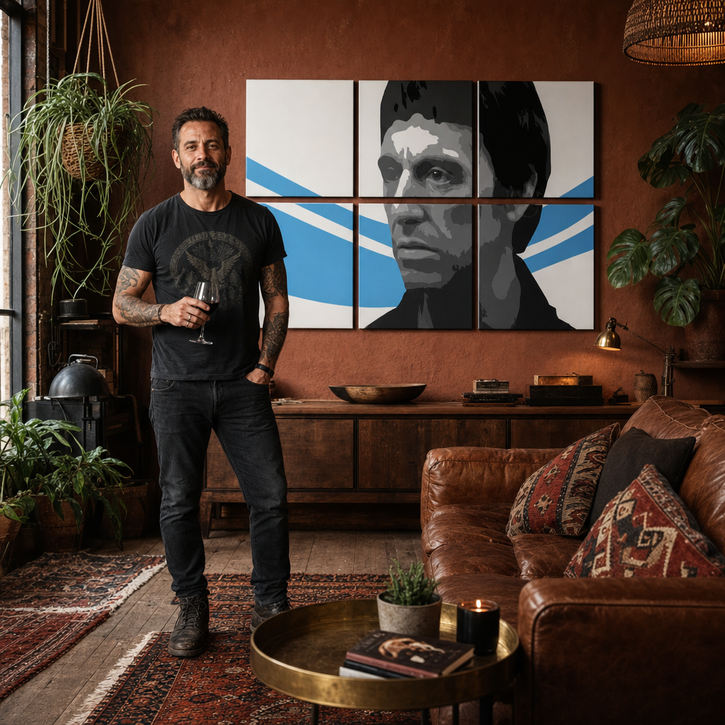 Ručno oslikana POP Art slika Scarface - AL PACINO 6 dijelova al40 – slika u modernom muškom enterijeru, lifestyle vizualizacija. Dominantne boje: crna, plava, bijela.