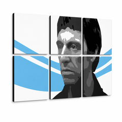 Ručno oslikana POP Art slika Scarface - AL PACINO 6 dijelova al40 – 3D vizualizacija ručno oslikanog platna na bijeloj pozadini. Dominantne boje: crna, plava, bijela.